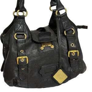 Black Leather Handbag with Gold Accents